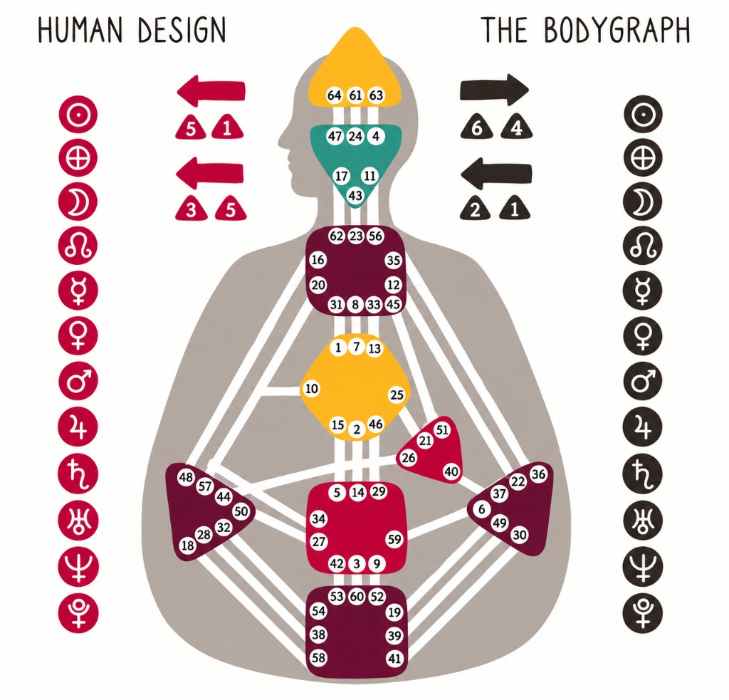 The Human Design bodygraph, with centers, gates, and planetary glyphs